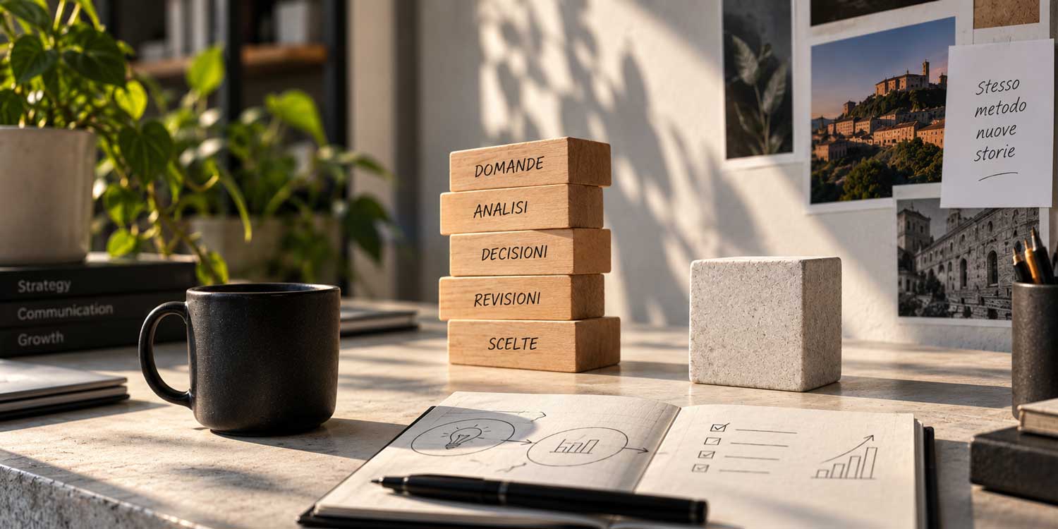 Una scrivania creativa illuminata dalla luce naturale, con un taccuino aperto, strumenti di lavoro e una sequenza di blocchi in legno che rappresentano le diverse fasi di un processo progettuale. L’ambiente, caldo e contemporaneo, richiama il lavoro di analisi, progettazione e costruzione che precede il risultato finale.